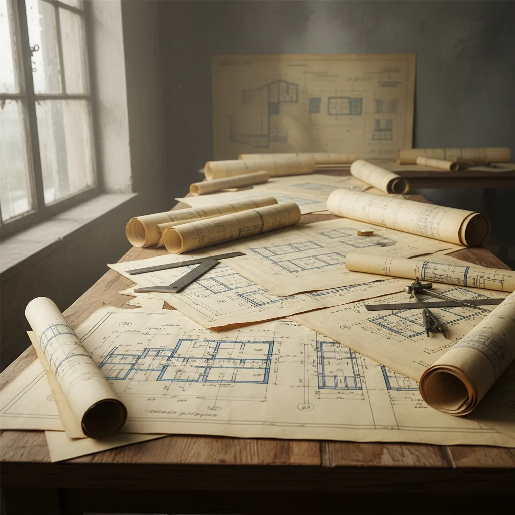 Faint background of archival construction plans