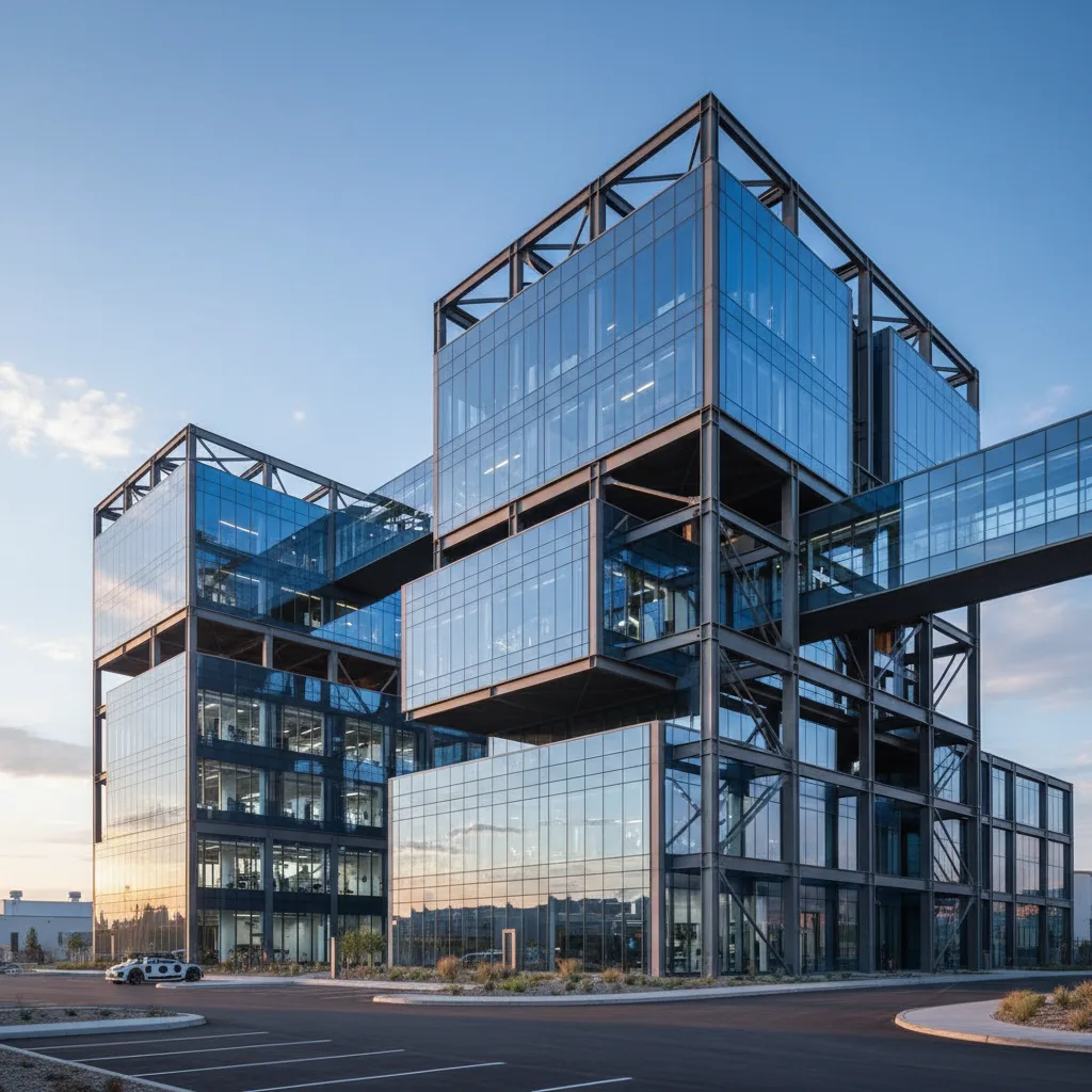 Glass and steel industrial building facade under construction