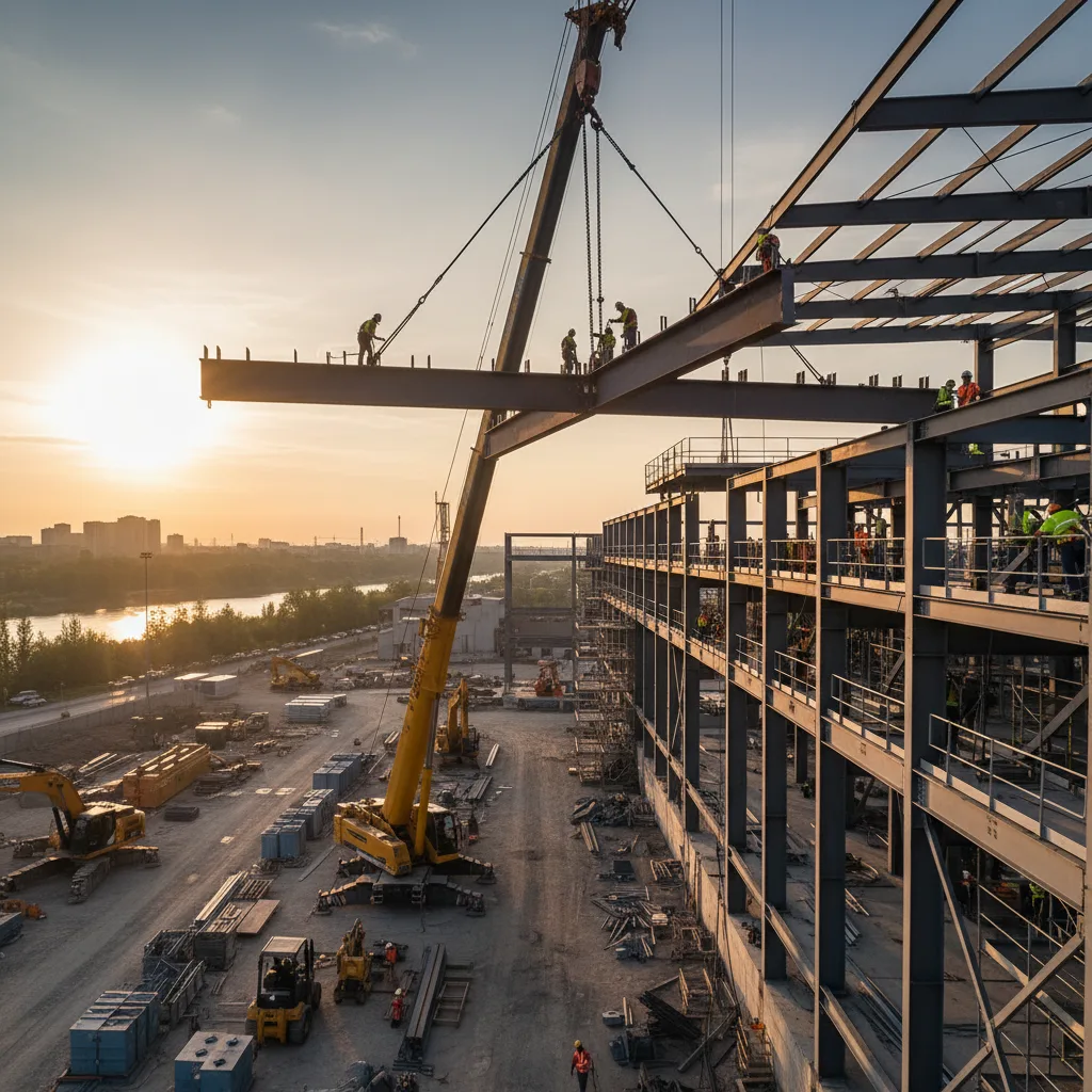 Installing steel beams during industrial project