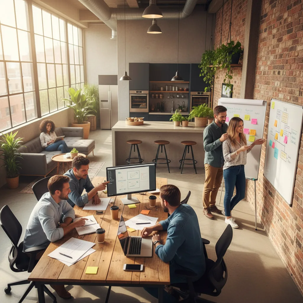 Project team collaborating at a shared workspace