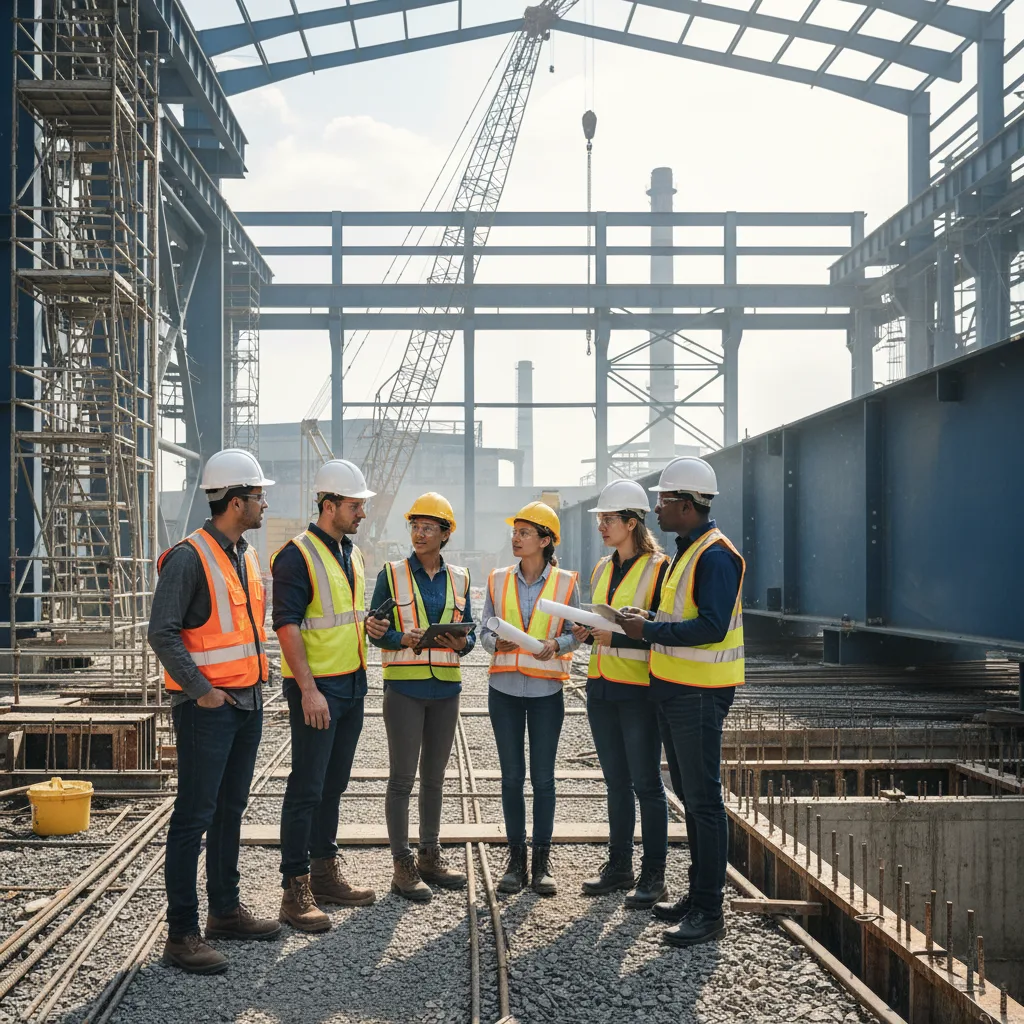 Project management team reviewing industrial site progress