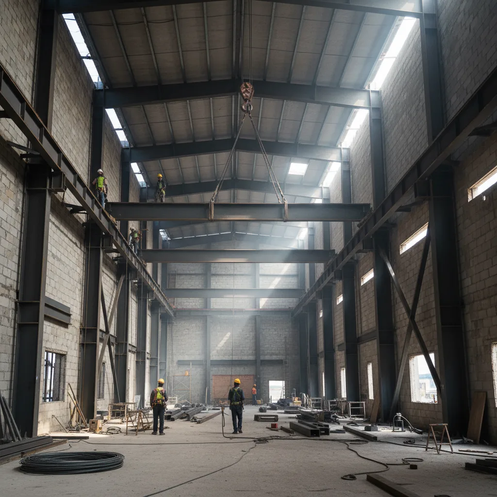 Steel frame being installed in a large industrial indoor space